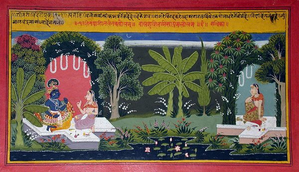 A gopi waits in a bower. Krishna talks with another gopi in another bower by Unknown artist